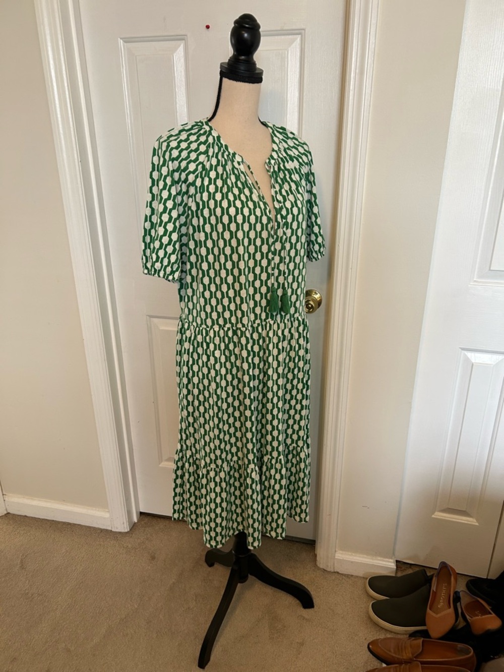 Boden Short Sleeve Jersey Dress in Rolling Hills Geo Azure Print - Picture 7 of 13